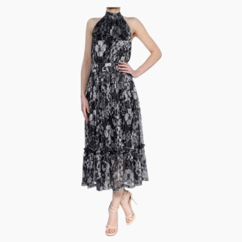 Michael Kors Metallic Floral Tier Midi Dress